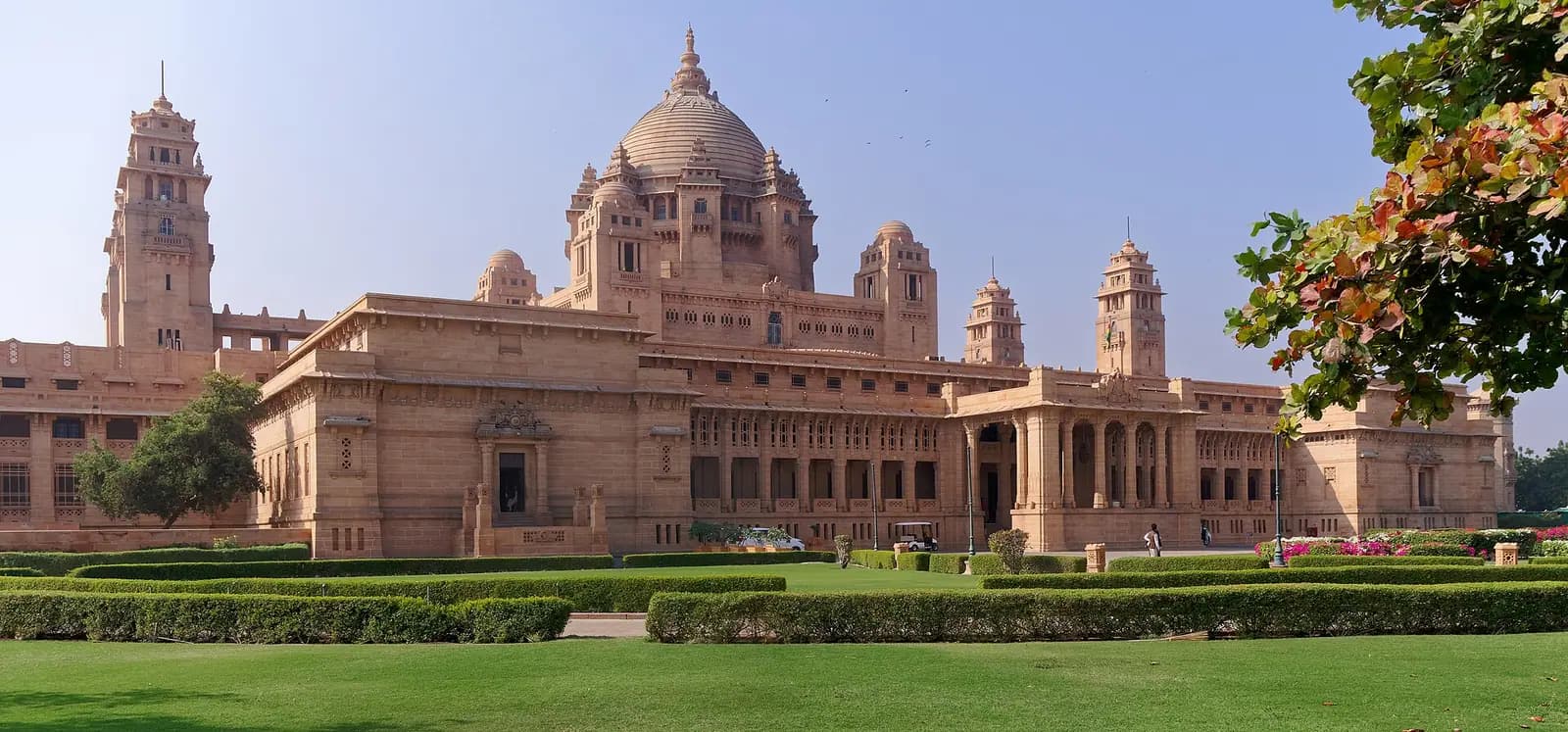 The domed sandstone Umaid Bhawan Palace and its lawns, Jodhpur, Rajasthan