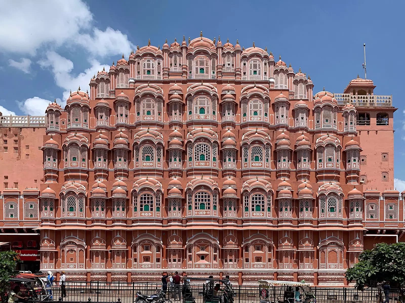 The pink sandstone facade of Hawa Mahal in Jaipur, Rajasthan