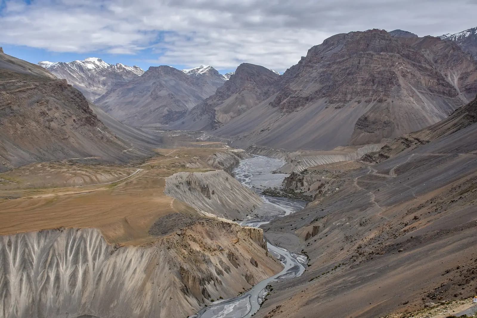 The Spiti river braiding through the valley between Kaza and Losar, seen from the highway