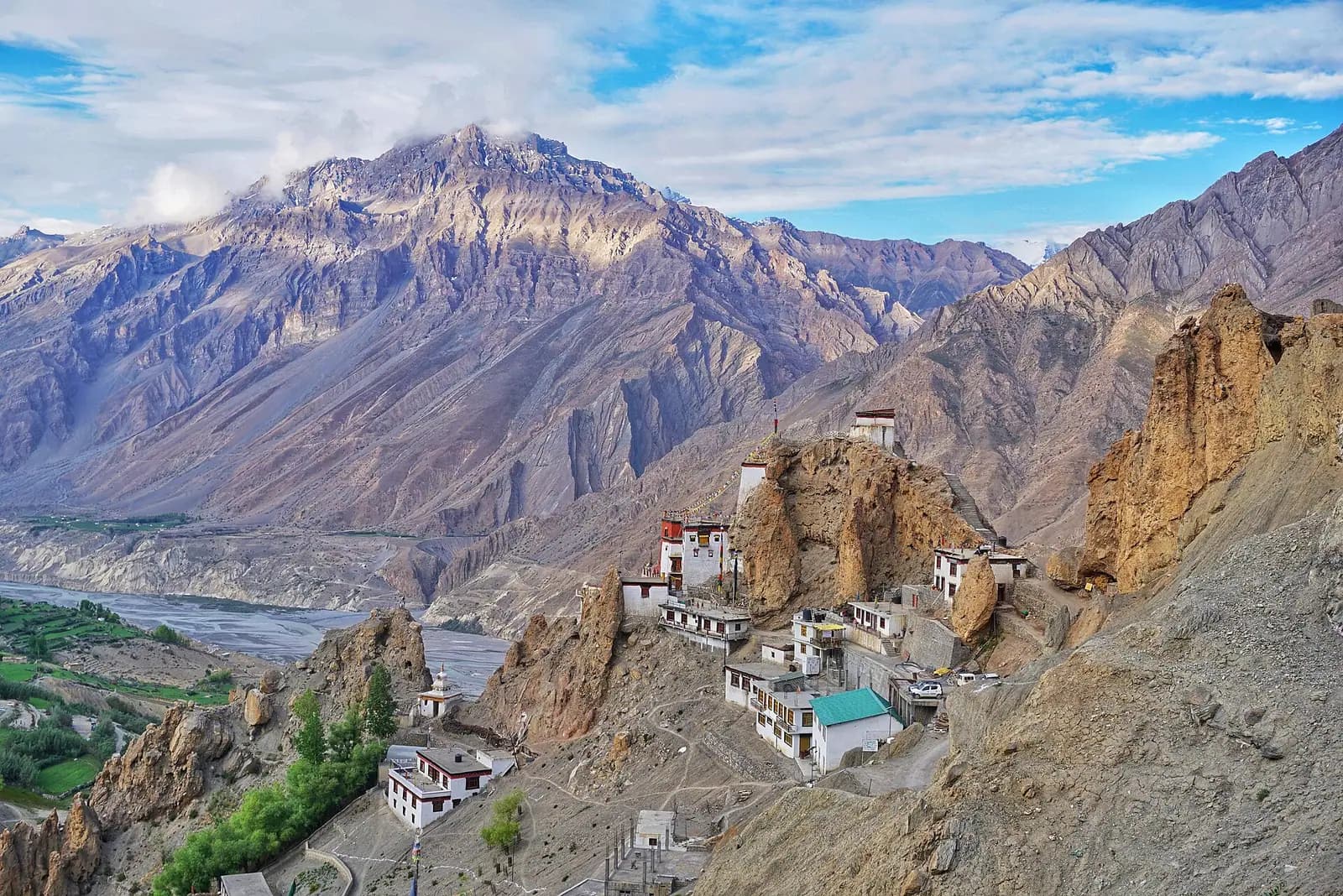 Dhankar village and monastery on a cliff above the meeting of the Spiti and Pin rivers