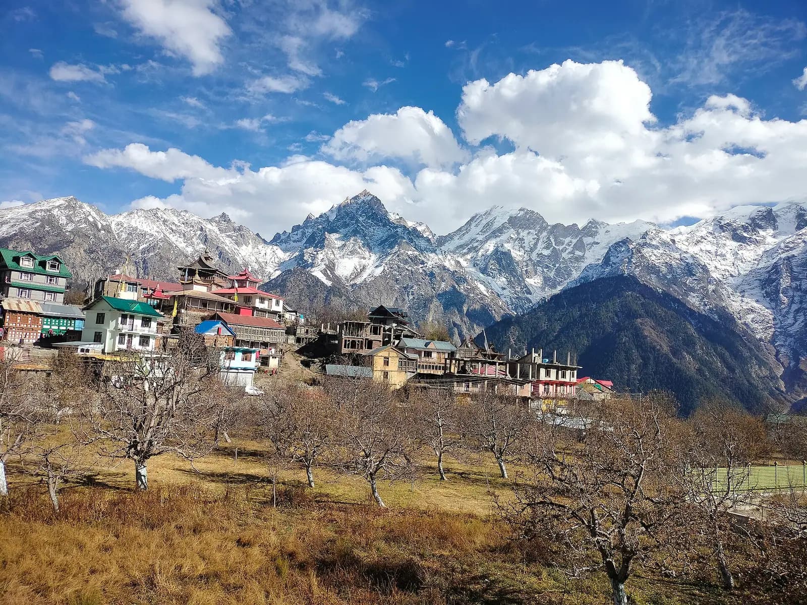 Kalpa's village houses below snow-covered peaks in Kinnaur, Himachal Pradesh