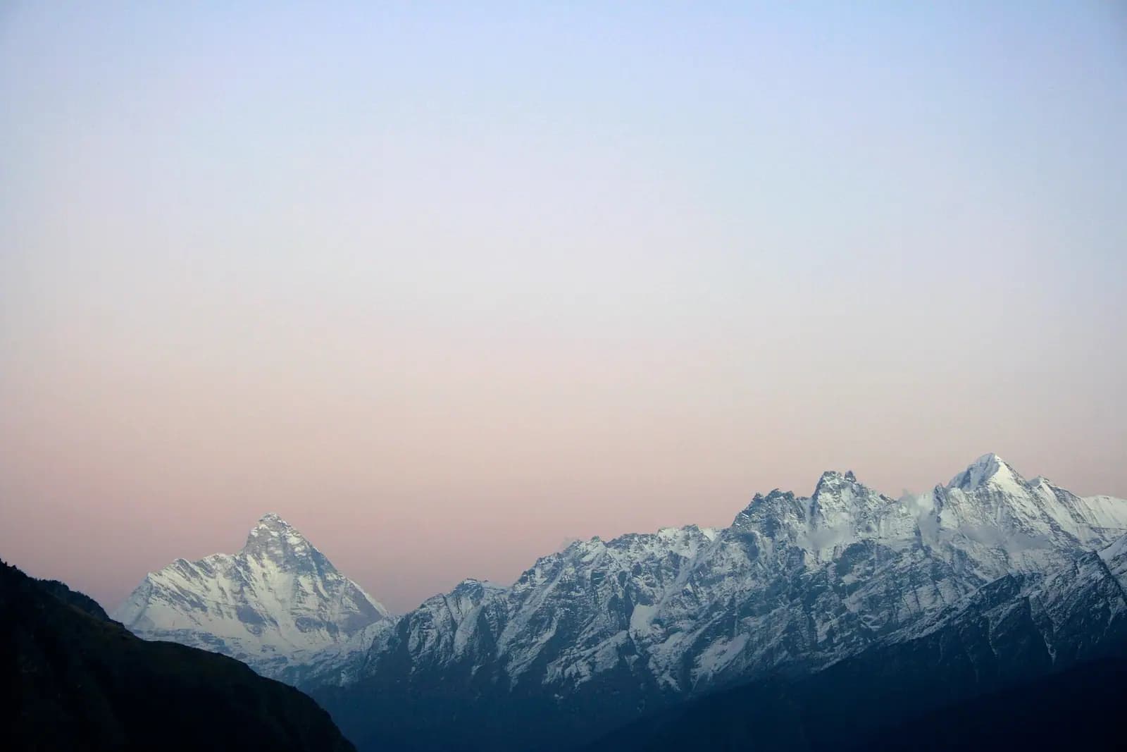Snow-covered Himalayan peaks seen from near Auli, Uttarakhand