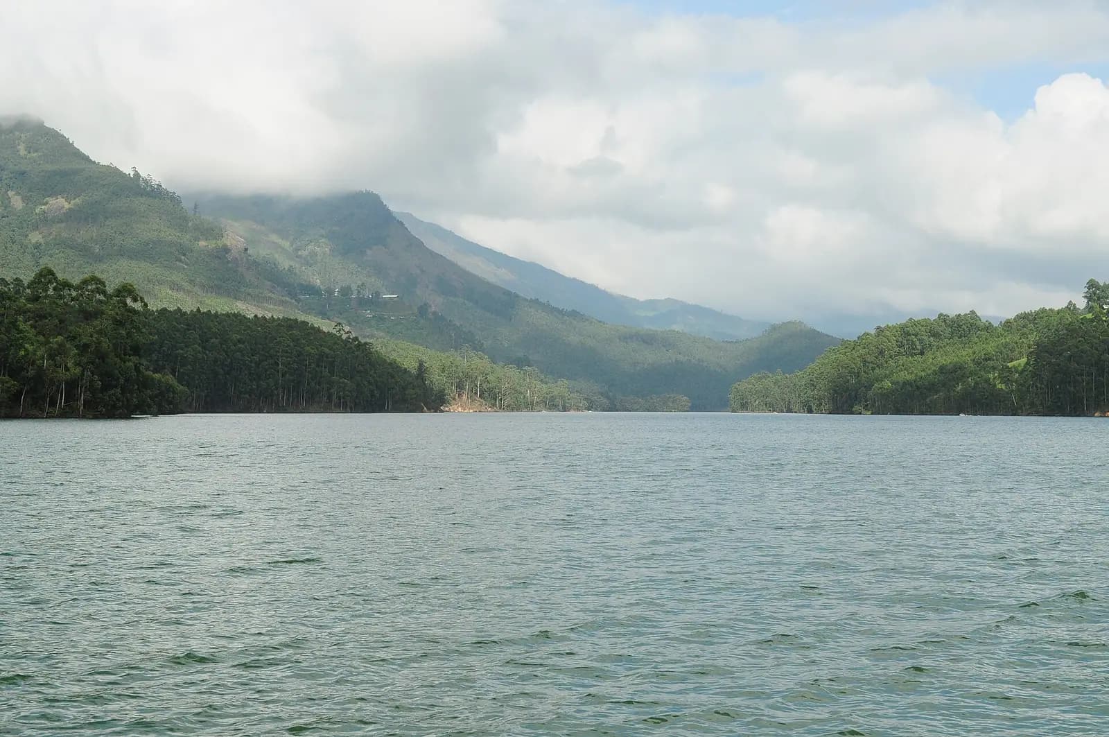 The reservoir at Mattupetty dam among tea hills near Munnar, Kerala