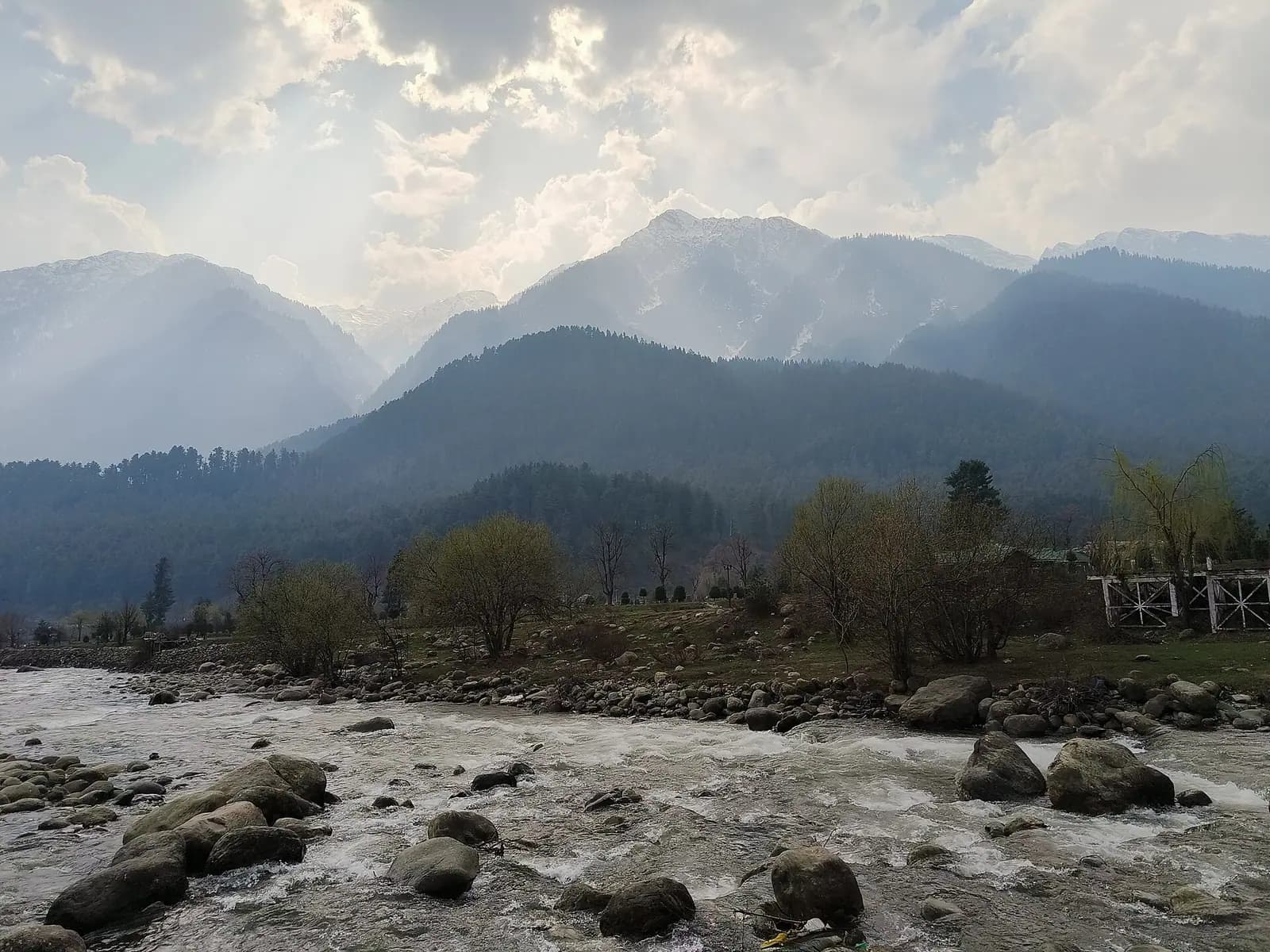 The Lidder river running clear over stones through the Pahalgam valley in Kashmir