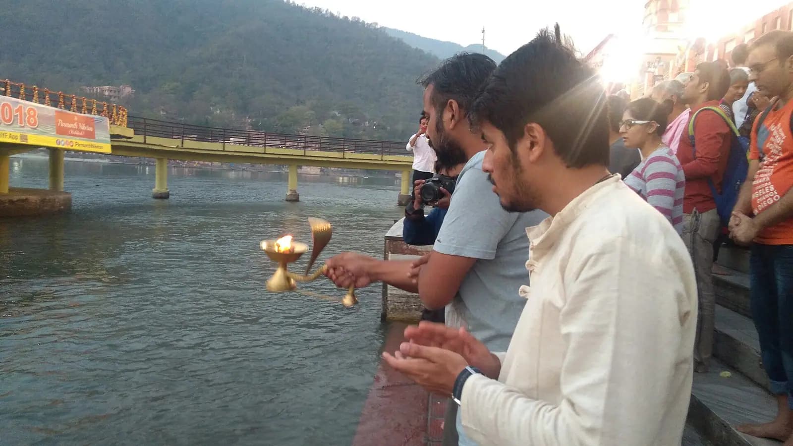 Evening Ganga Aarti on the riverbank at Rishikesh, Uttarakhand
