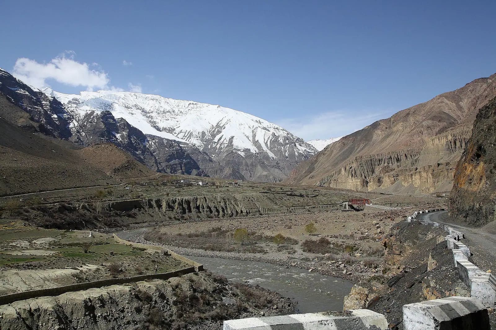 The Spiti river valley with snow peaks beyond, seen from the road