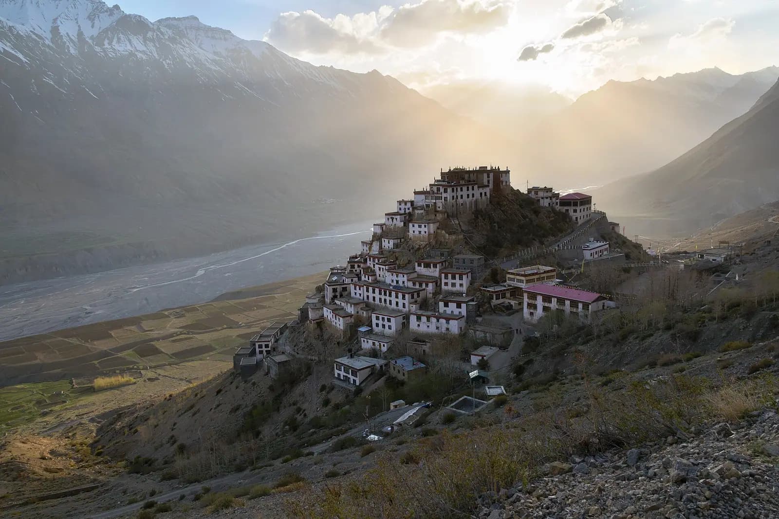 Key Monastery on its hill above the Spiti river in low evening light, Spiti Valley, Himachal Pradesh