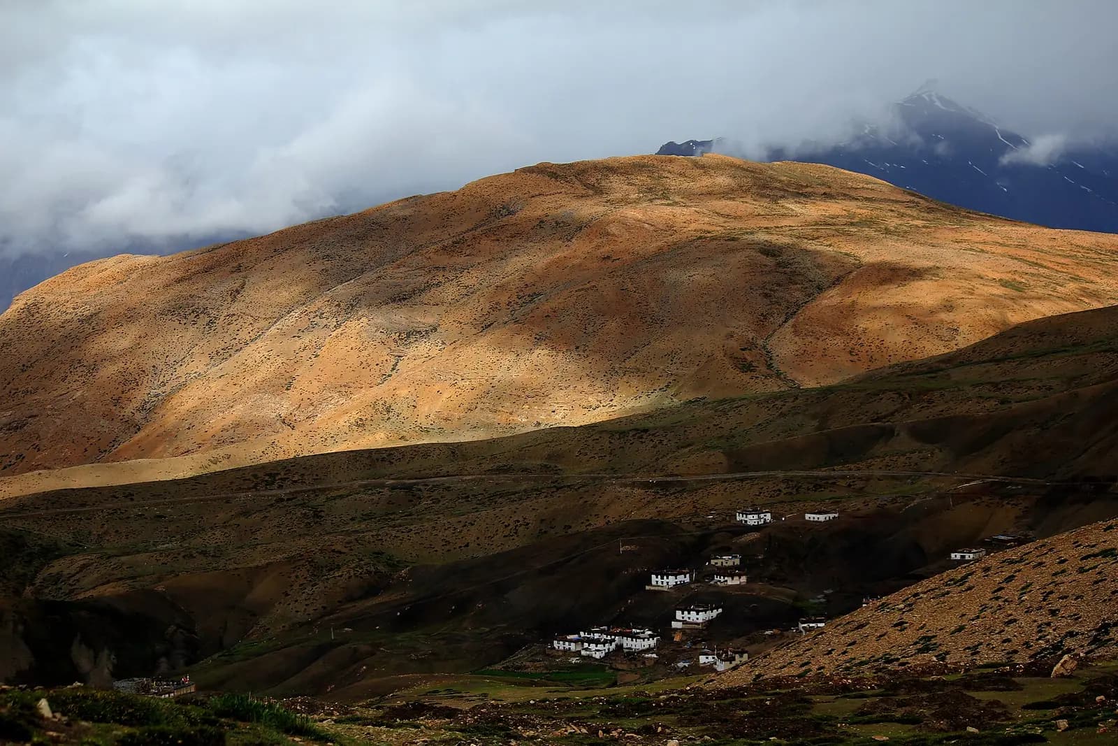 Hikkim village scattered across a sunlit high slope in the Spiti Valley