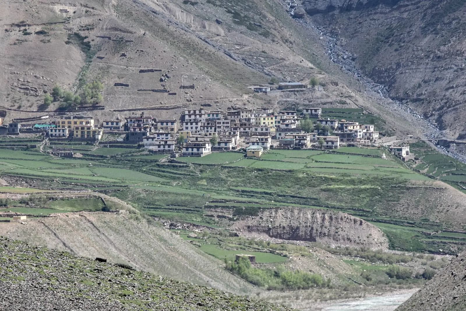 Mud village and its fields at the head of the Pin Valley, Spiti